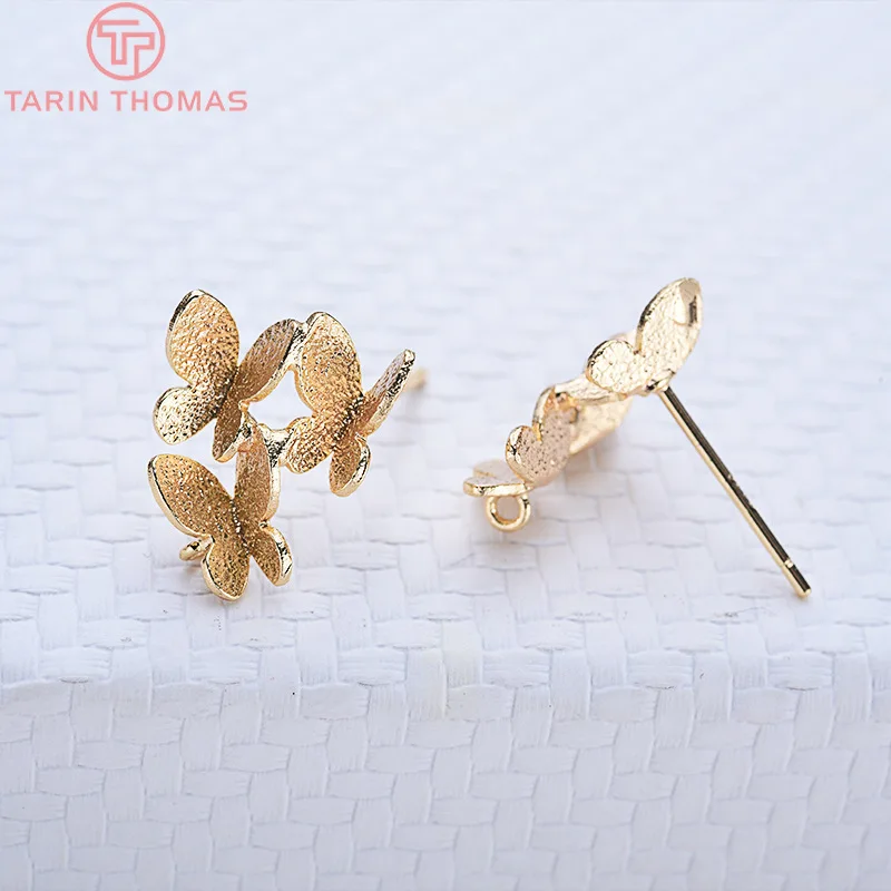 (2359)6PCS 14x12MM 24K Gold Color Brass Three butterflies Stud Earrings High Quality Diy Jewelry Findings Accessories