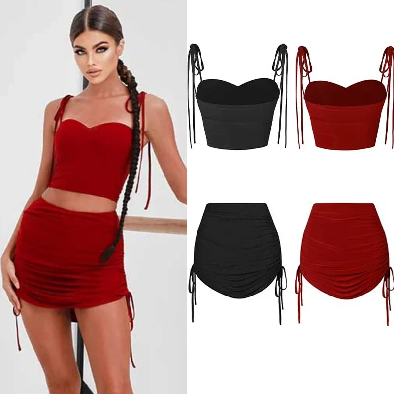 Sexy Sling Tie Top Drawstring Skirts Women Ballroom Latin Dance Costume Practice Wear Fashion Latin Performance Clothes