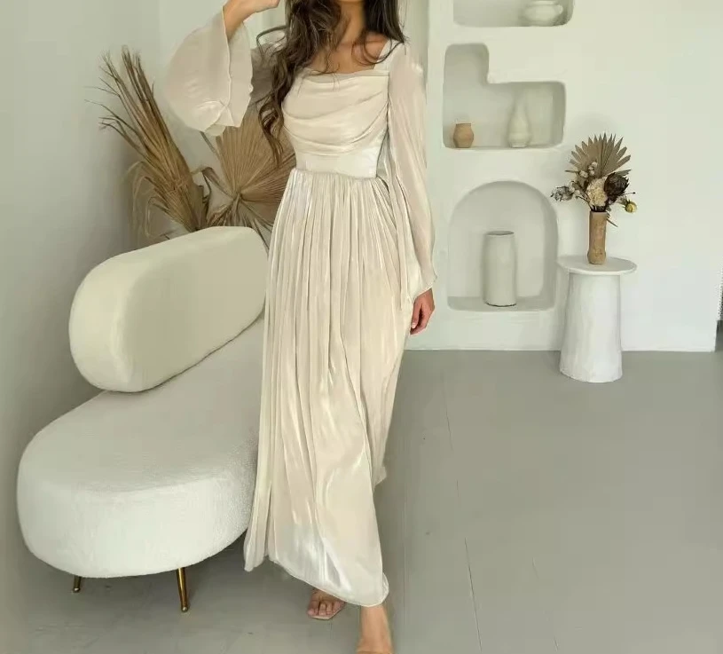 

French Retro Style for Women 2024 Summer A-Line Skirt New Fashion Square Neck Elegant Long Sleeved Pleated High Waist Long Dress