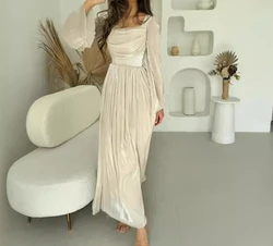 French Retro Style for Women 2024 Summer A-Line Skirt New Fashion Square Neck Elegant Long Sleeved Pleated High Waist Long Dress