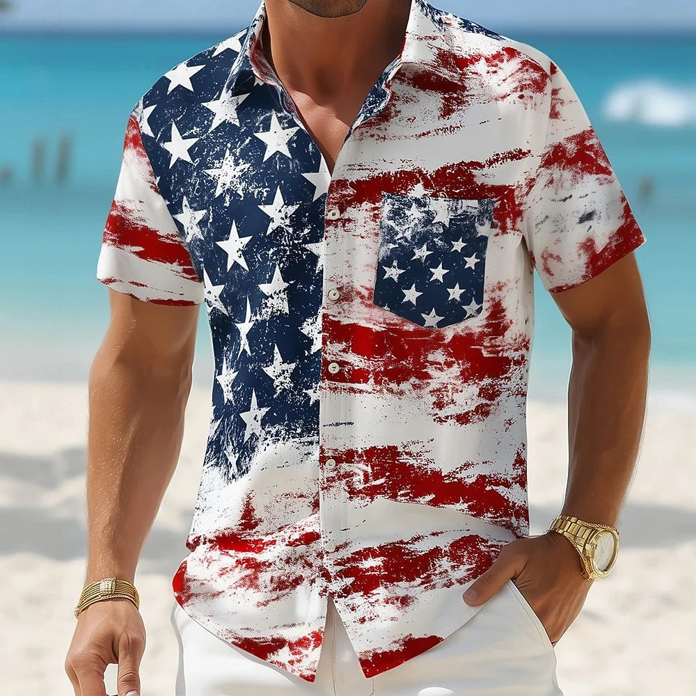 Men's Vintage Flag Printed Lapel Button up Short Sleeve Shirt Independence Day Casual Streetwear plus Size Men's Clothing