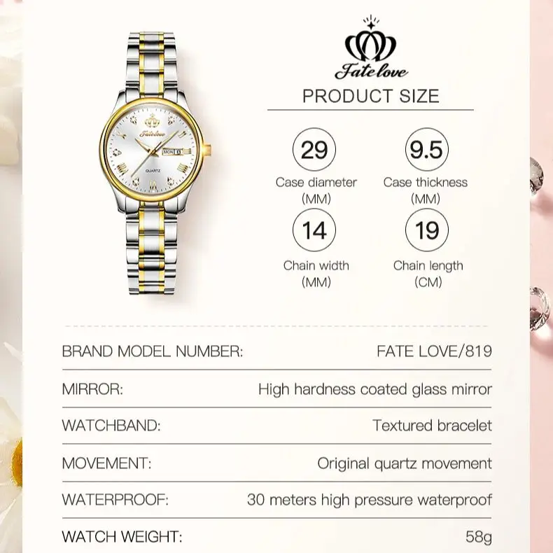 FATE LOVE Quartz Watch for Women Solid Stainless Steel Luxury Elegant Ladies Wristwatch Bracelet Necklace Sets Gift For Girl