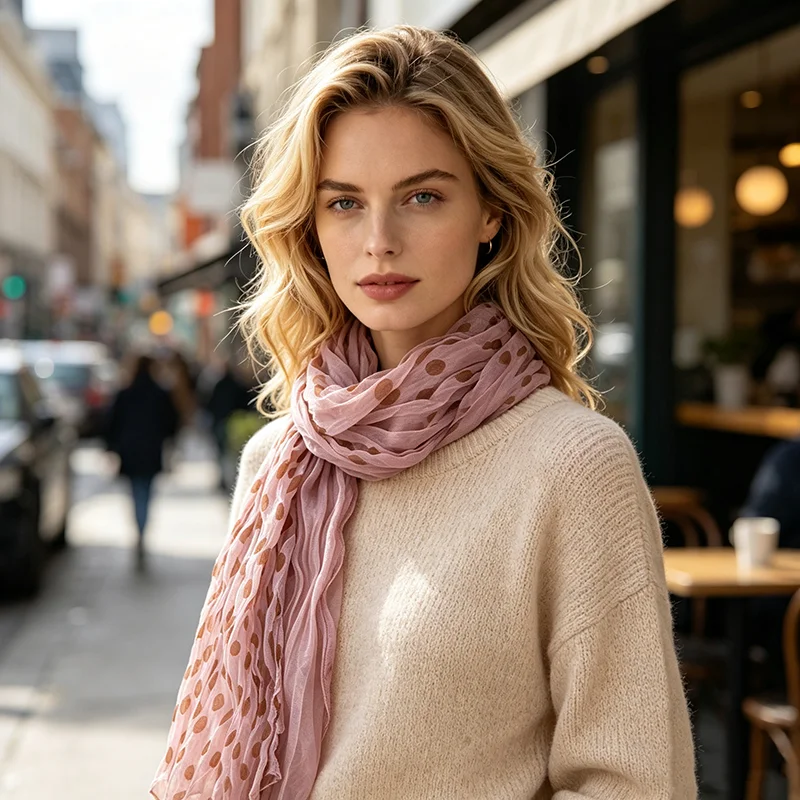 2026 Two-Tone Polka Dot Pleat Scarf for Women Soft Cotton Linen Lightweight Shawl Versatile Fashion Accessory for Outfit Travel