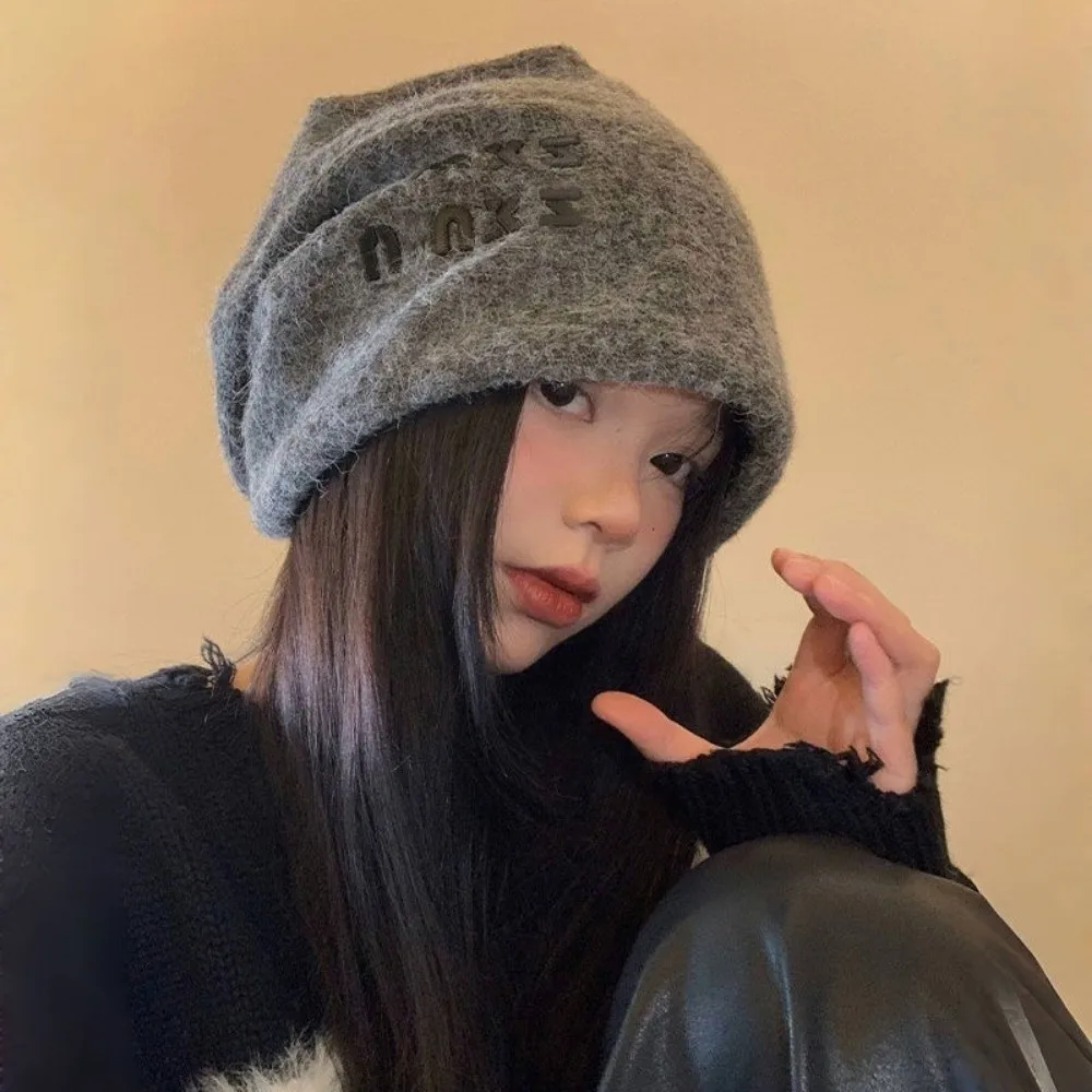 Japanese Slouchy Beanie Hat Big Size Soft Warm Knit Cap Letter Face Design Slimming Cold Weather Accessory for Daily Wear