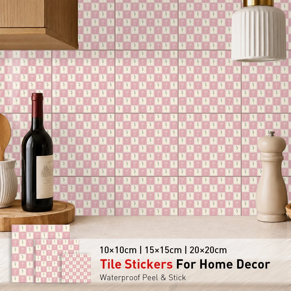 Vintage Pink Checkered Wall Sticker,Hand Drawn Bow & Tiny Purple Flower Self Adhesive Tile Decal, Grid Pattern Decor for Kitchen