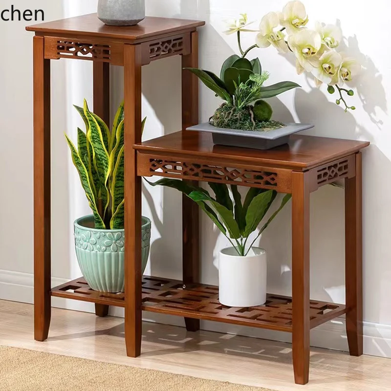 HT الخشب الصلب طاولة مربعة صغيرة غرفة المعيشة طاولة القهوة أريكة طاولة جانبية صغيرة مربعة بسيطة رف أحواض زهور #4