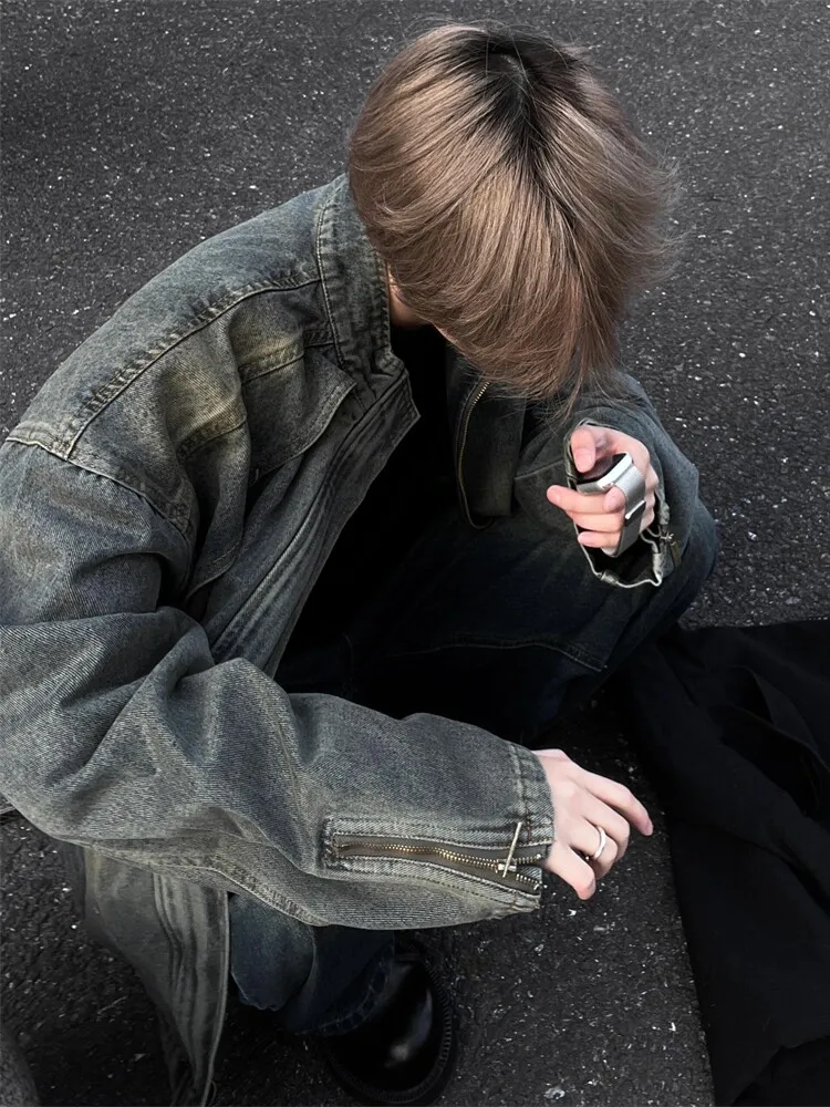 Retro American Washed Gradient Denim Jacket Loose Fit Men's Casual Style Spring Autumn Outerwear Zipper Closure No Hat