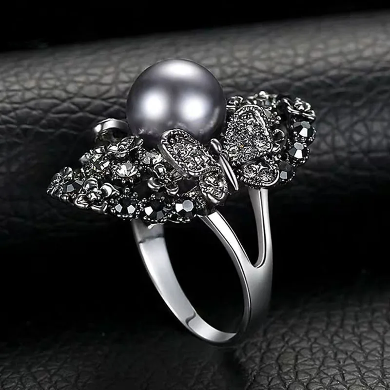 SINLEERY Vintage Gray Pearl Ring For Women Antique Silver Color Fashion Jewelry Wedding Rings