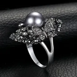 SINLEERY Vintage Gray Pearl Ring For Women Antique Silver Color Fashion Jewelry Wedding Rings