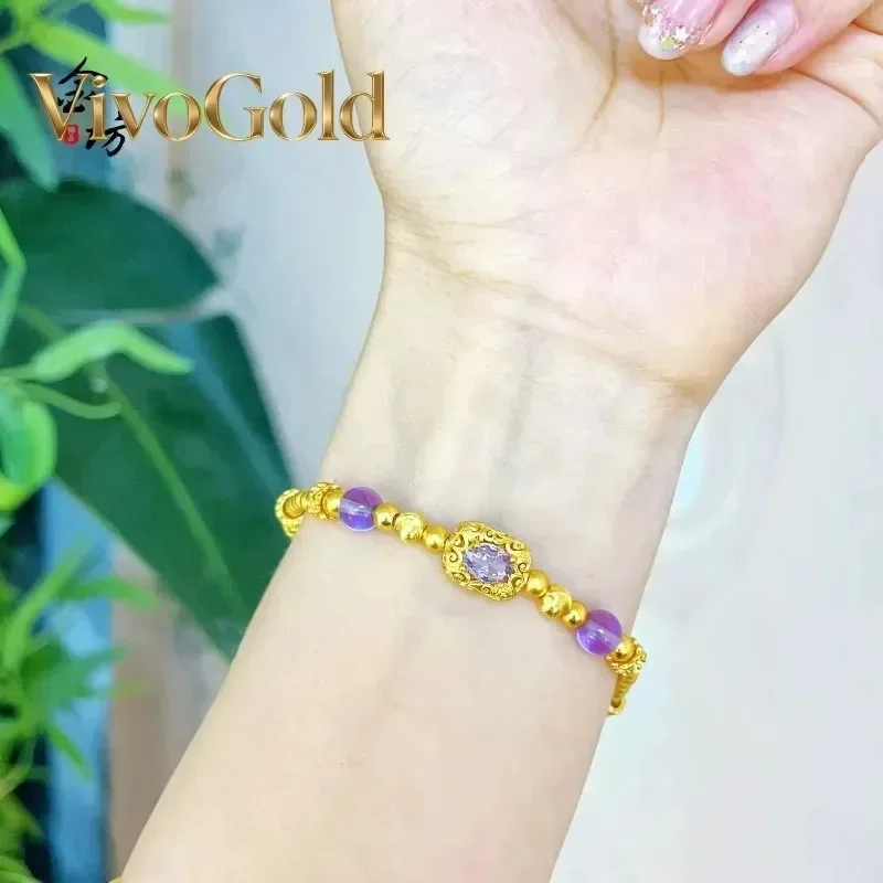 

VivoGold Luxury 9999 24K real gold ancient purple zircon imitation cat eye bag high-end bracelet exquisite for girlfriend
