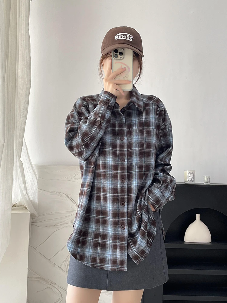 

Autumn Winter Layering Tool Floing Color Blo Plaid irt Loose Retro Plaid irt Women's Casual Long Sve Button up
