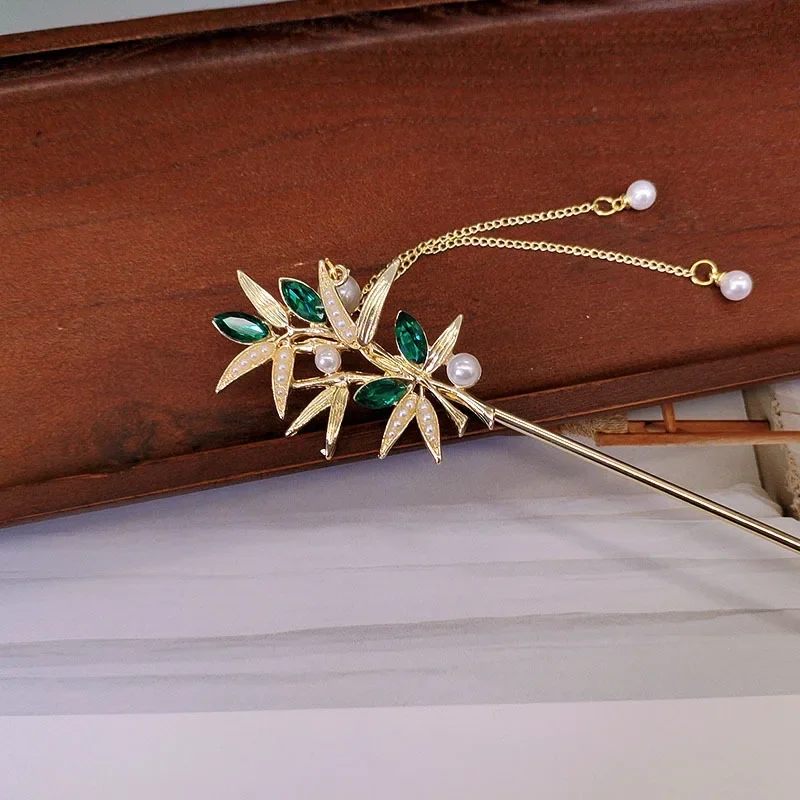 

Высококачественные нишевые заколки для волос с бамбуковыми листьями и жемчужными кисточками, заколки для волос с завитыми спинками, аксессуары Hanfu, головные уборы