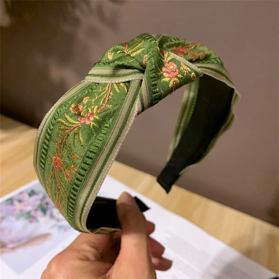 New Retro Female Ethnic Hairband Embroidery Flower Leaf Headband Head Bezel for Women Cross Knotted Hair Hoop Headbands Headwear