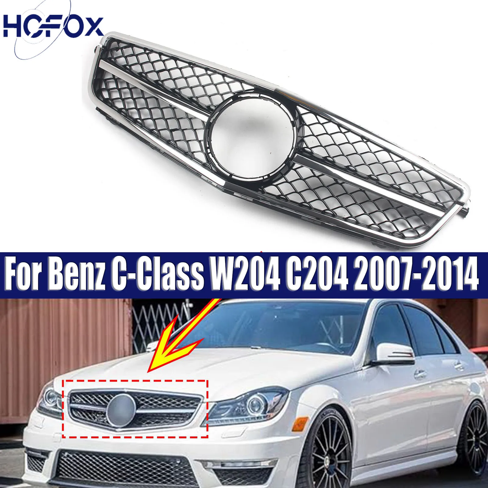 

For Mercedes Benz C-Class W204 C204 2007-2014 diamond grille Front Racing Grille Grill Mask Cover Trims Front Hood Grills