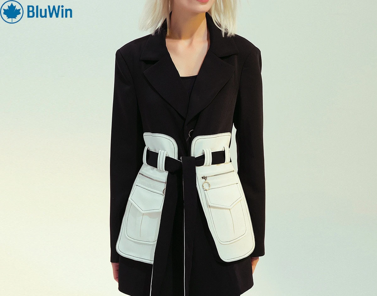 سترة URBANCHIC ذات الفيلم العتيق باللونين الأبيض والأسود - سترة متوسطة الطول ذات خصر محكم وأنيقة للشارع