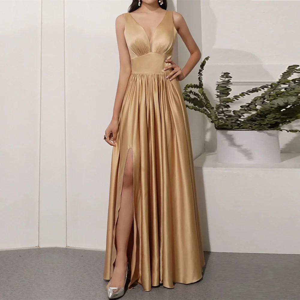 Shiyicey V-neck Simple Advanced Satin Sleeveless Floor-Length Reunion Dress Bridesmaid Formal Elegant Eveninig Long Party Dresse