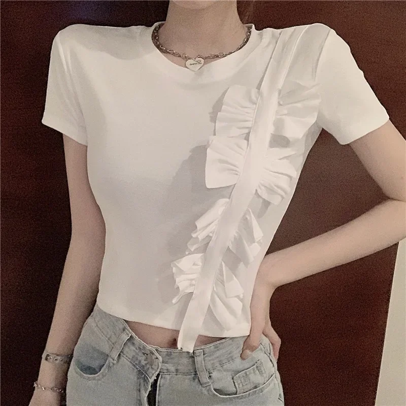 

Chic Korean Fashion T Shirt for Women O Neck Short Sleeve Patchwork Bowknot Loose Casual T Shirts Female 2024 Summer Clothing