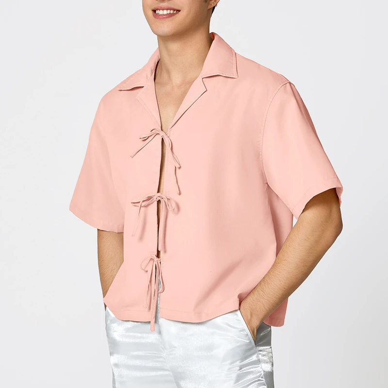 INCERUN الرجال قميص بلون التلبيب قصيرة الأكمام الدانتيل يصل ملابس الرجال غير رسمية الشارع الشهير 2025 الصيف موضة الذكور القمصان S-5XL #2