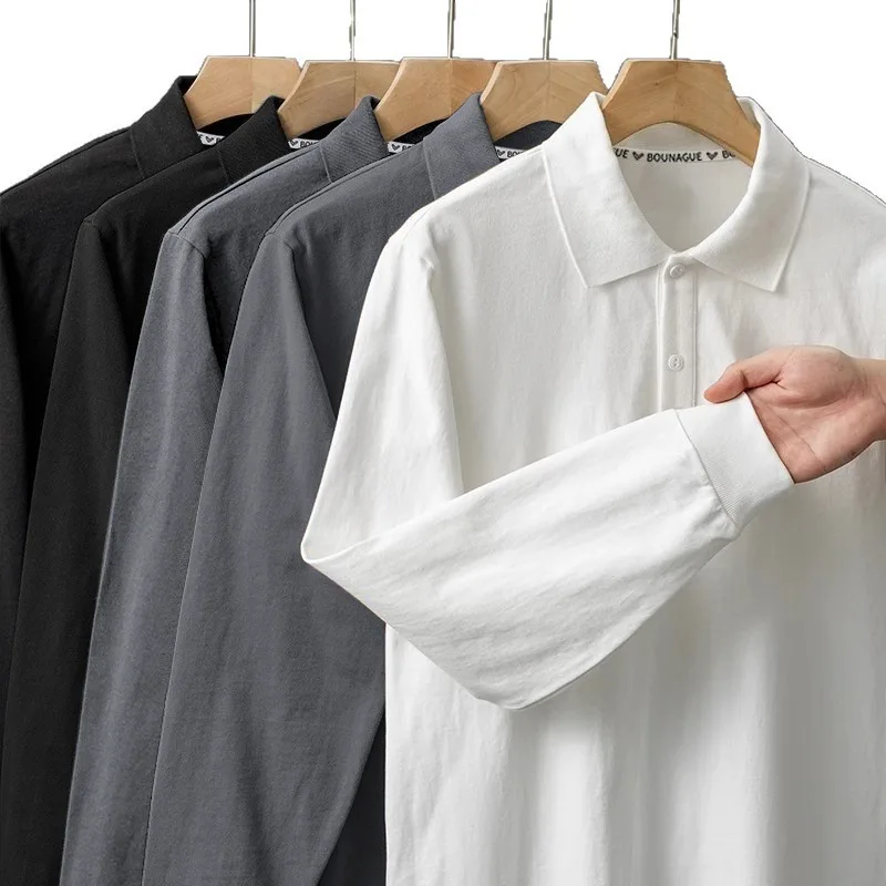 Autumn Men's Long-sleeved Polo Shirt 100% Pure Cotton Button Placket Loose Lapel Sweatshirt Casual Breathable Business T-shirts