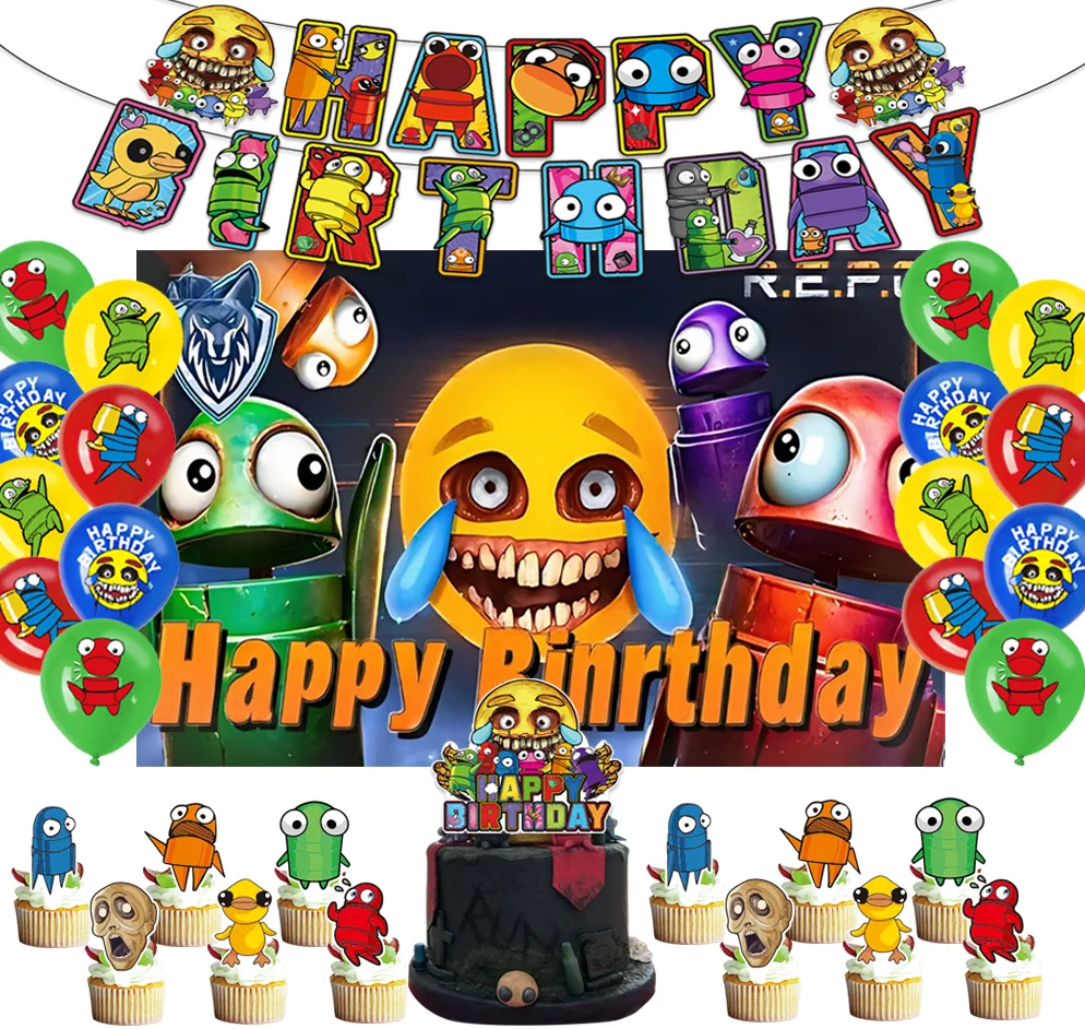

Games R.E.P.O Theme Birthday Party Decoration Terrifying game Backdrop Cake Plugin Green Balloon Banner Baby Shower Supplies