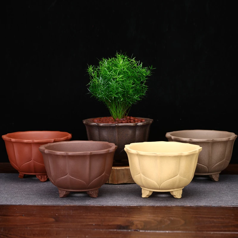 Ceramic Circle Bonsai Pot, Made by Purple Sand, Lotus Shape, Garden, Home, Table Decoration, Traditional Chinese