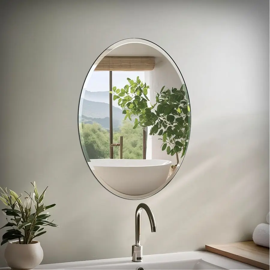 

1800 Bathroom Wall Mirror, 27H x 20W Modern mirror for Living Room, Vanity, Slim Design Beveled Frameless Oval mirror Easy Mount