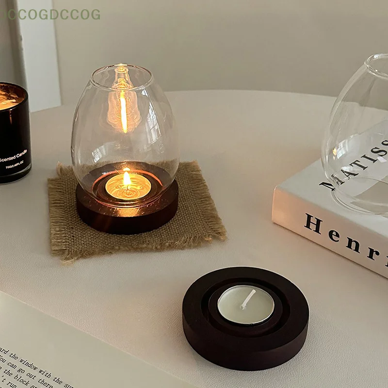 Glass Candlesticks With Cup Cover Transparent Round Candle Holders Home Decor With Wood Base Table Decoration Ornaments Wedding