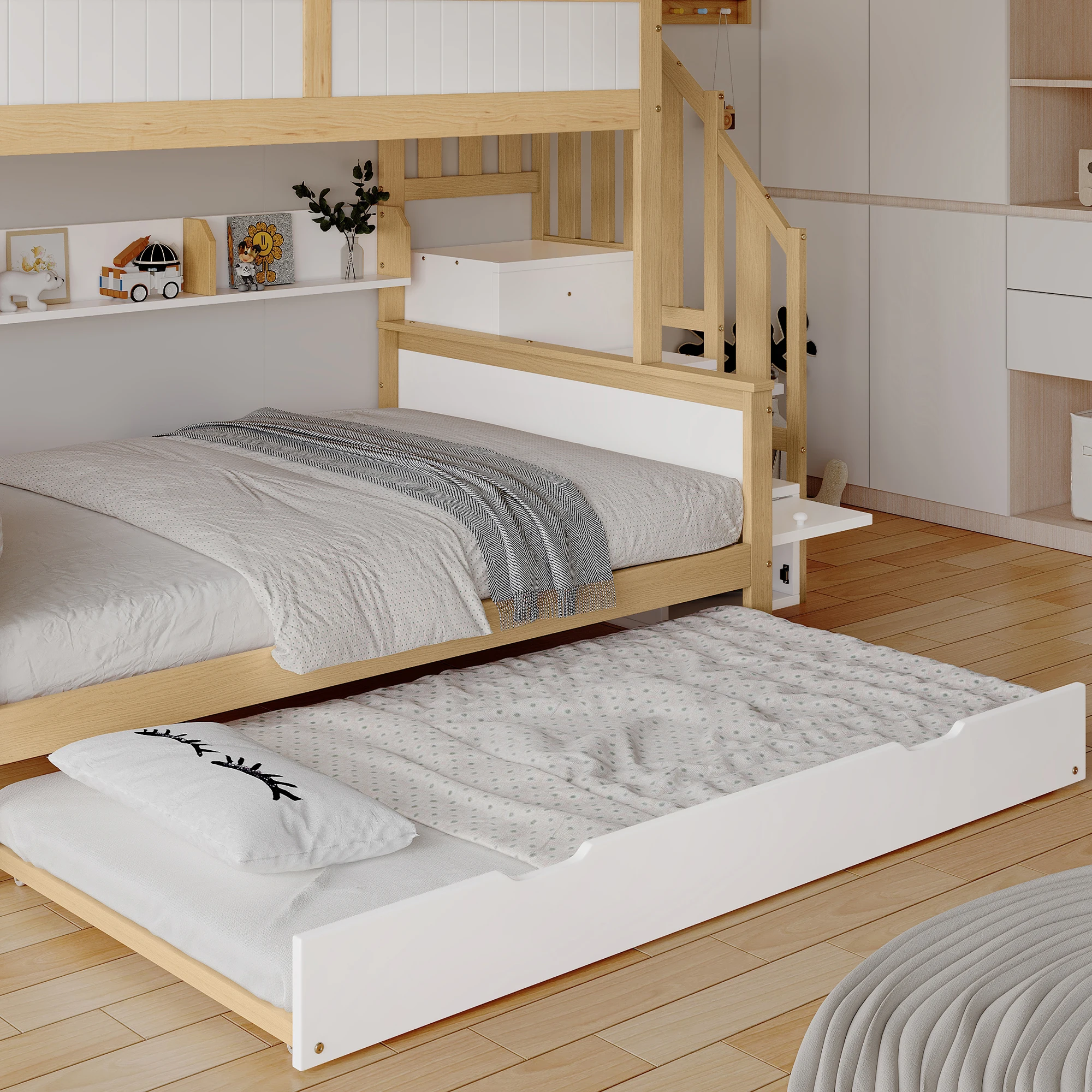PINGGO Etagenbett 90x200/90x190/120x200cm mit Fallschutzgitter, 3-stöckiges Rollbett mit Kleiderschrank und Eck-Treppe, ohne Matratze – Detail 3