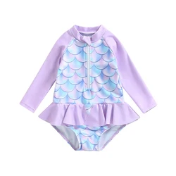 Toddler Girls Jumpsuit Swimsuit Fish Scale Print Long Sleeve Round Neck Half Zipper Ruffle Bathing Suit