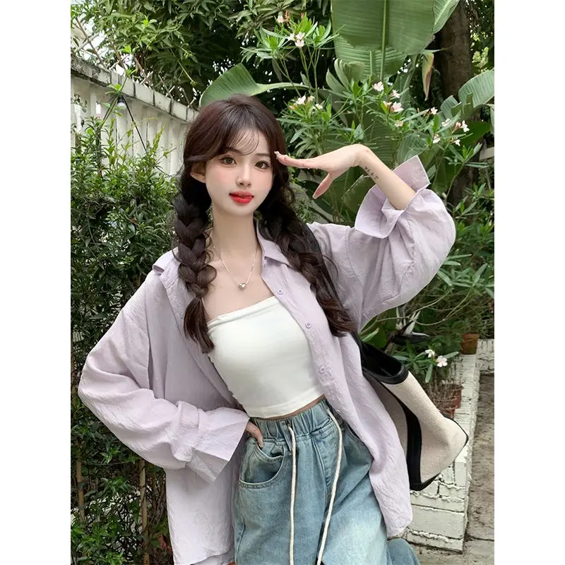 

Purple Sunscreen Long Sleeves Shirt Women Korean Fashion Single Breasted Thin Shirts Woman Loose Casual Turn Down Collar Blouse