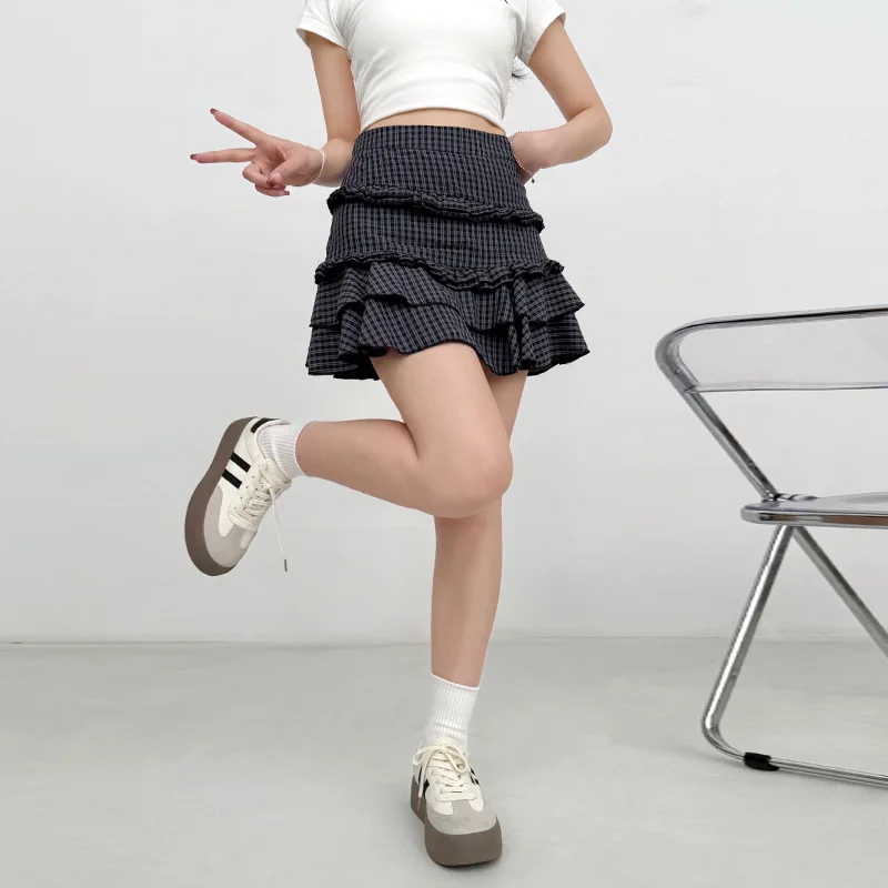 Koreanischer Retro-karierter Spitzenrock für Damen im Sommer, neuer Sinn für Design, A-Linien-Version mit hoher Taille, schlankmachender und flauschiger Kuchenrock