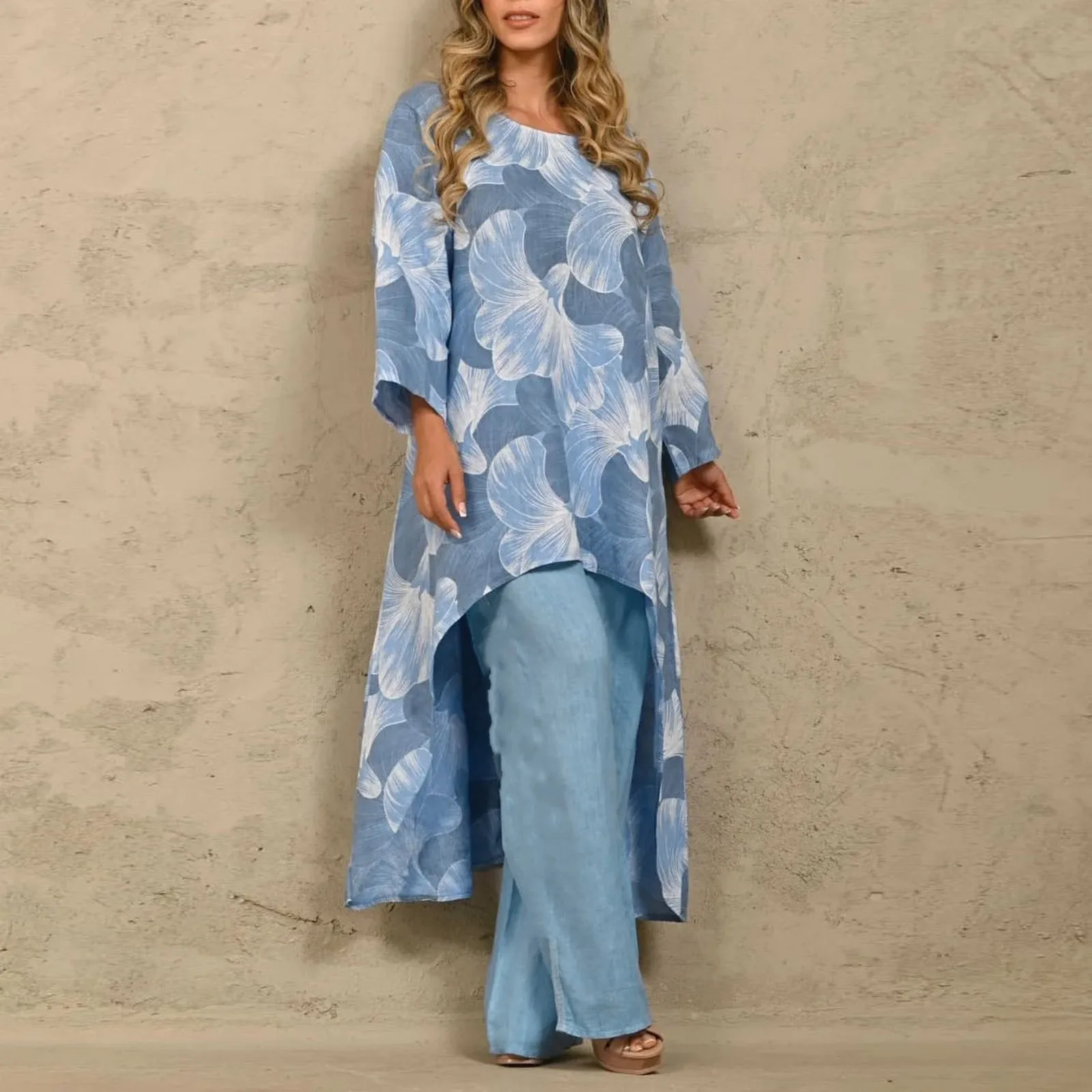 Casual Women Two Piece Sets Autumn Fashion O-neck Floral Print Long Tops & Solid Wide Leg Pants Set 2024 Loose Trousers Suit