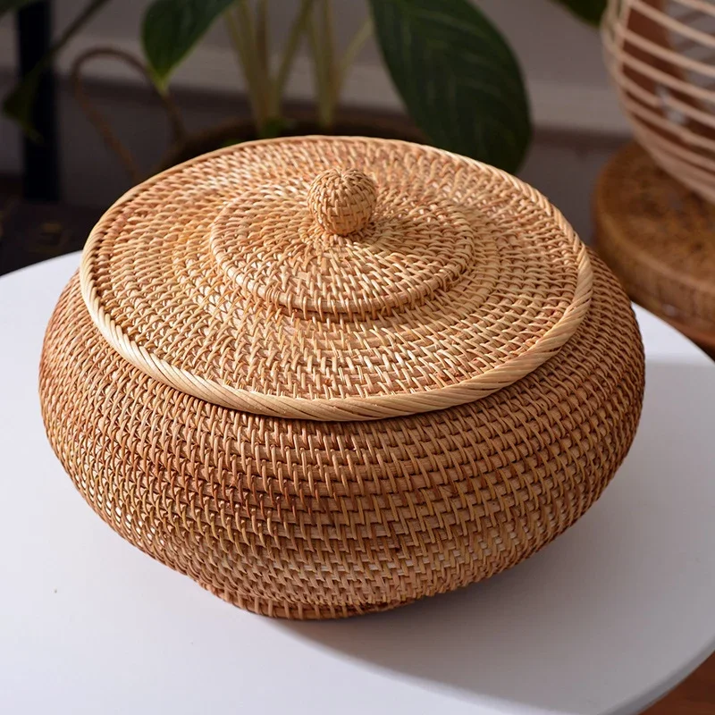 Handwoven Rattan Storage Box With Lid Tea Food Container Rangement Cuisine Box Bread Fruit Basket Kitchen Gadgets Home Organizer