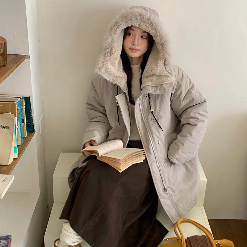 

PinkyIsBlack Mid-length Cotton Padded Jacket Women 2025 Winter New Korean Style Loose Big Fur Collar Puffer Jacket Coat Outwear