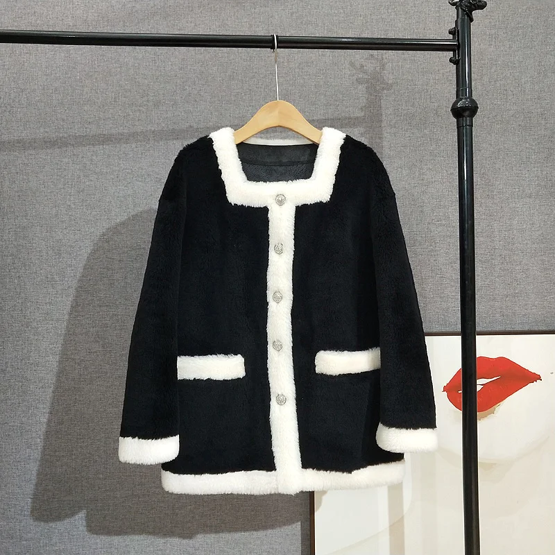 Lady Lamb Wool Fur Warm Mid-Length Jacket Women Sheep Shearling Winter Square Collar Jacket Parka PT376