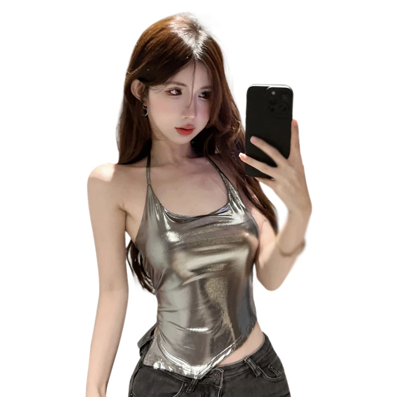 Women's Summer Slimming Camisole Tops Lanyard Neck Suspender Tops Women's Irregular Silver Sleeveless Tops