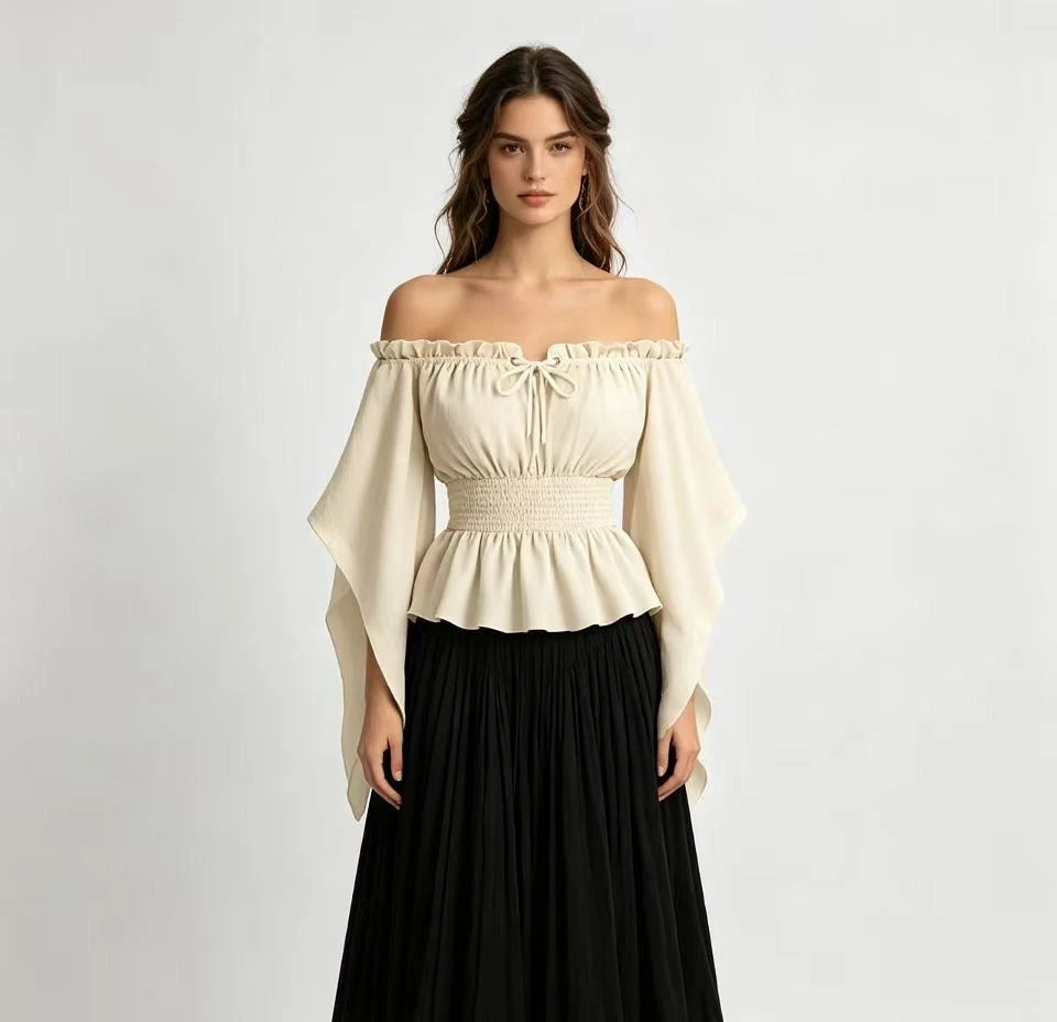 New Vintage Medieval Peasant Costume Blouse Tops for Women Pirate Shirt Steampunk Off Shoulder Corset Halloween Cosplay Viking