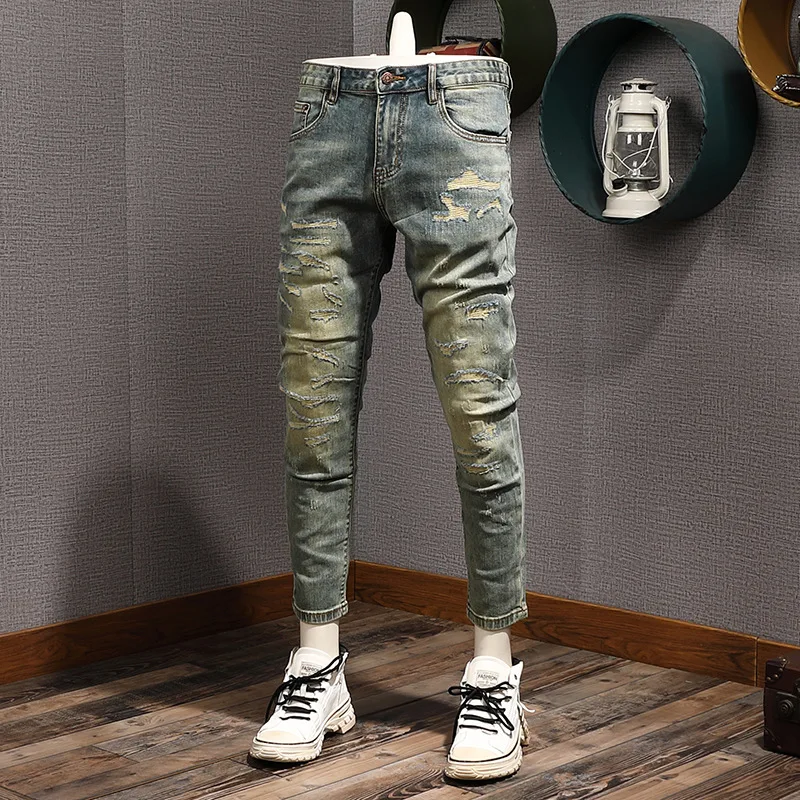 

Весенне-летние тонкие желтые джинсы грязевого цвета, мужские джинсы с рваной нашивкой и эластичной нашивкой, винтажные узкие длинные брюки с девятью точками