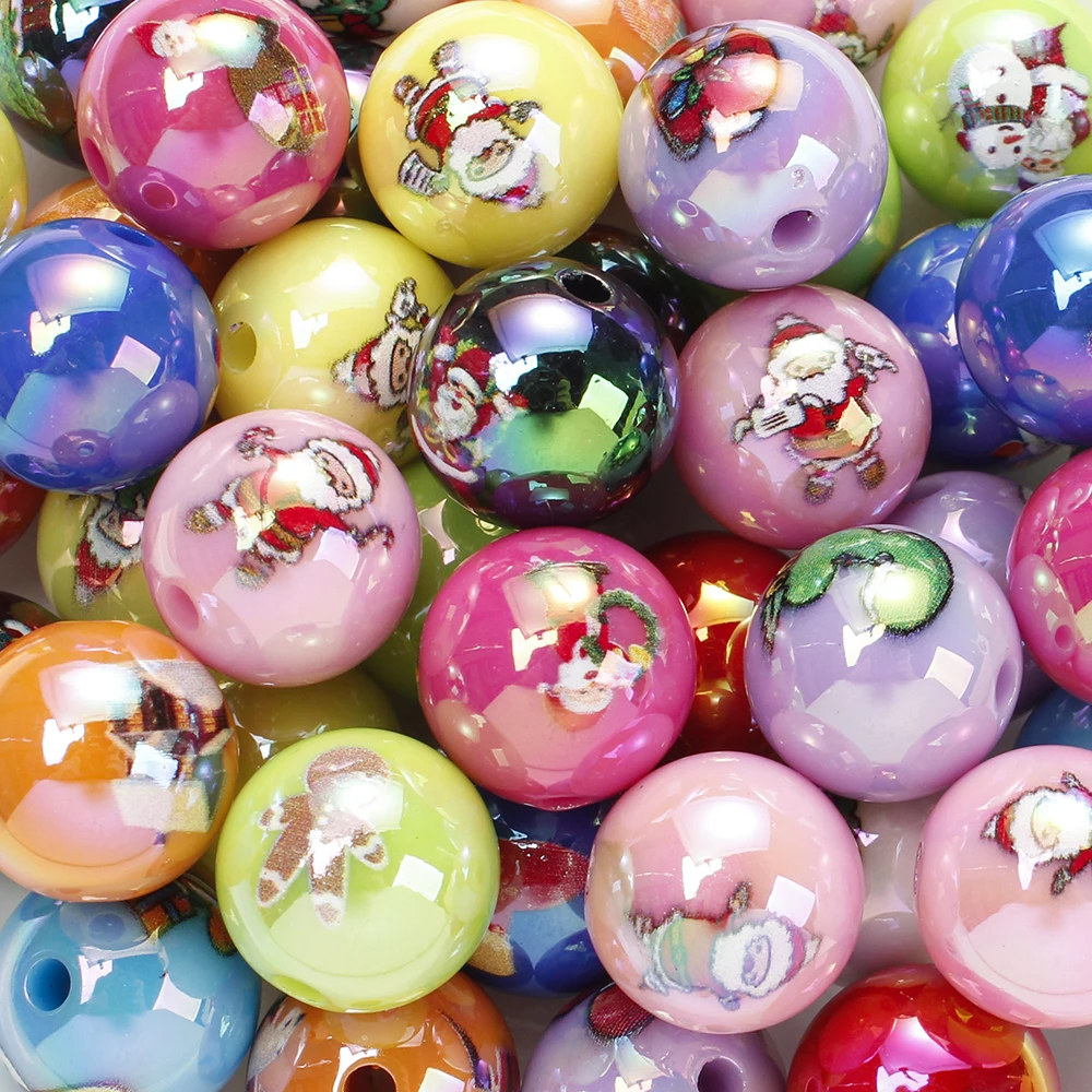10 Stück 16mm Weihnachtsmann-Acrylperlen, bunte, farbverlaufend bedruckte Zwischenperlen für Weihnachts-DIY-Armbänder und Schmuckzubehör – Detail 1