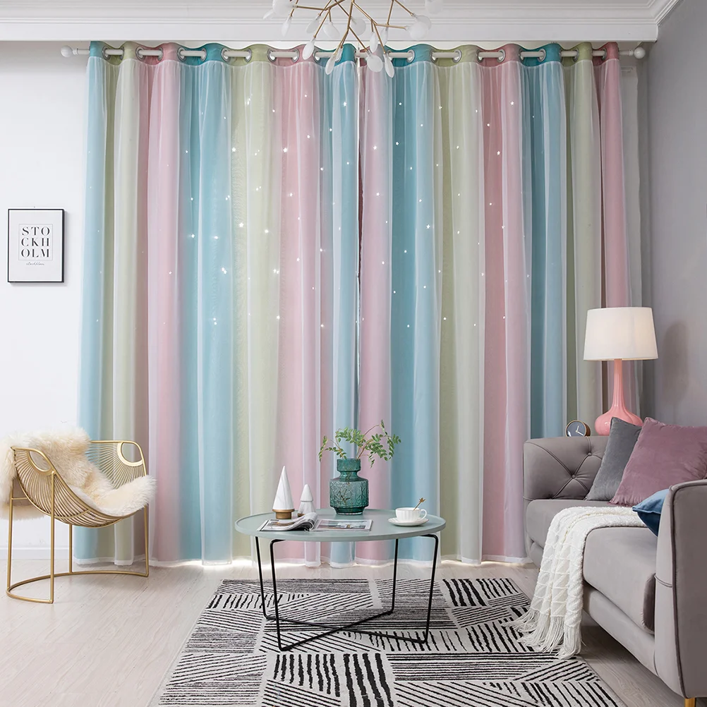 

2 Pcs Gradient Hollow Star Double-layer Full Blackout Bedroom Living Thermal Insulation Curtains Drapes Window Home Shading