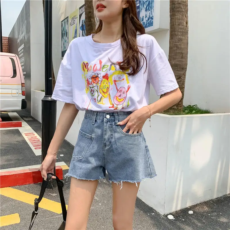 High Waist Wide Leg Jeans Shorts Women's Summer Fashion Blue Frayed Hem Denim Shorts Casual Style Loose Design Sensation