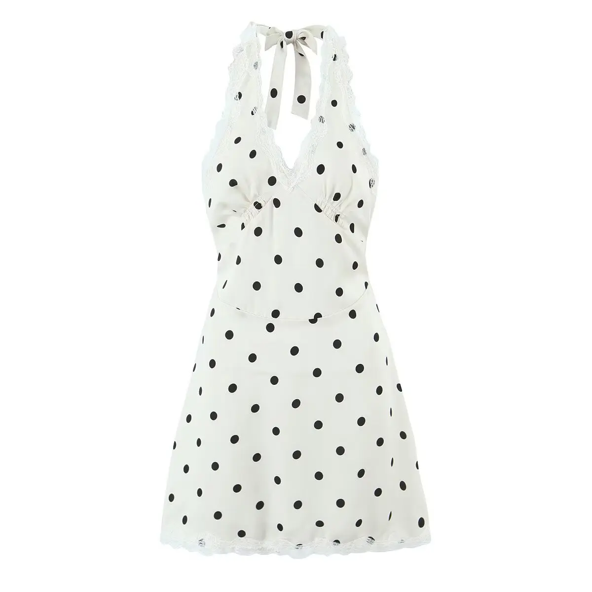 GG Satin Polka Dot Mini Dress Women Robe Summer New Lace Halter Deep V Neck Sleeveless Backless Beach Club Sexy Dress