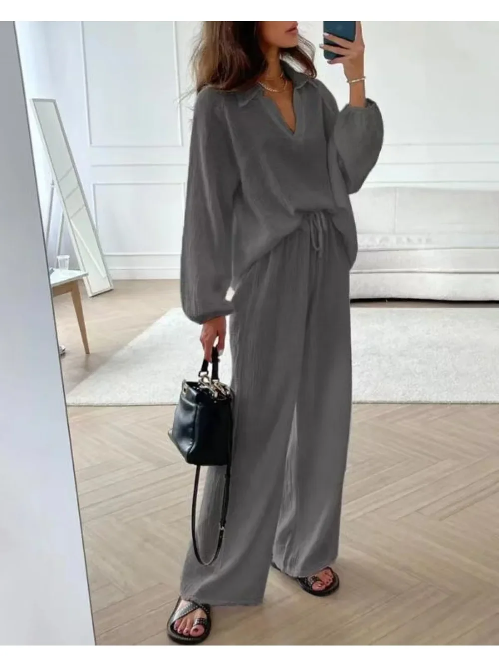 

Spring Summer Fashion Loose Two Piece Set Women Casual Lapel Long Sleeved Top Wide Leg Pants Two Piece Set Women