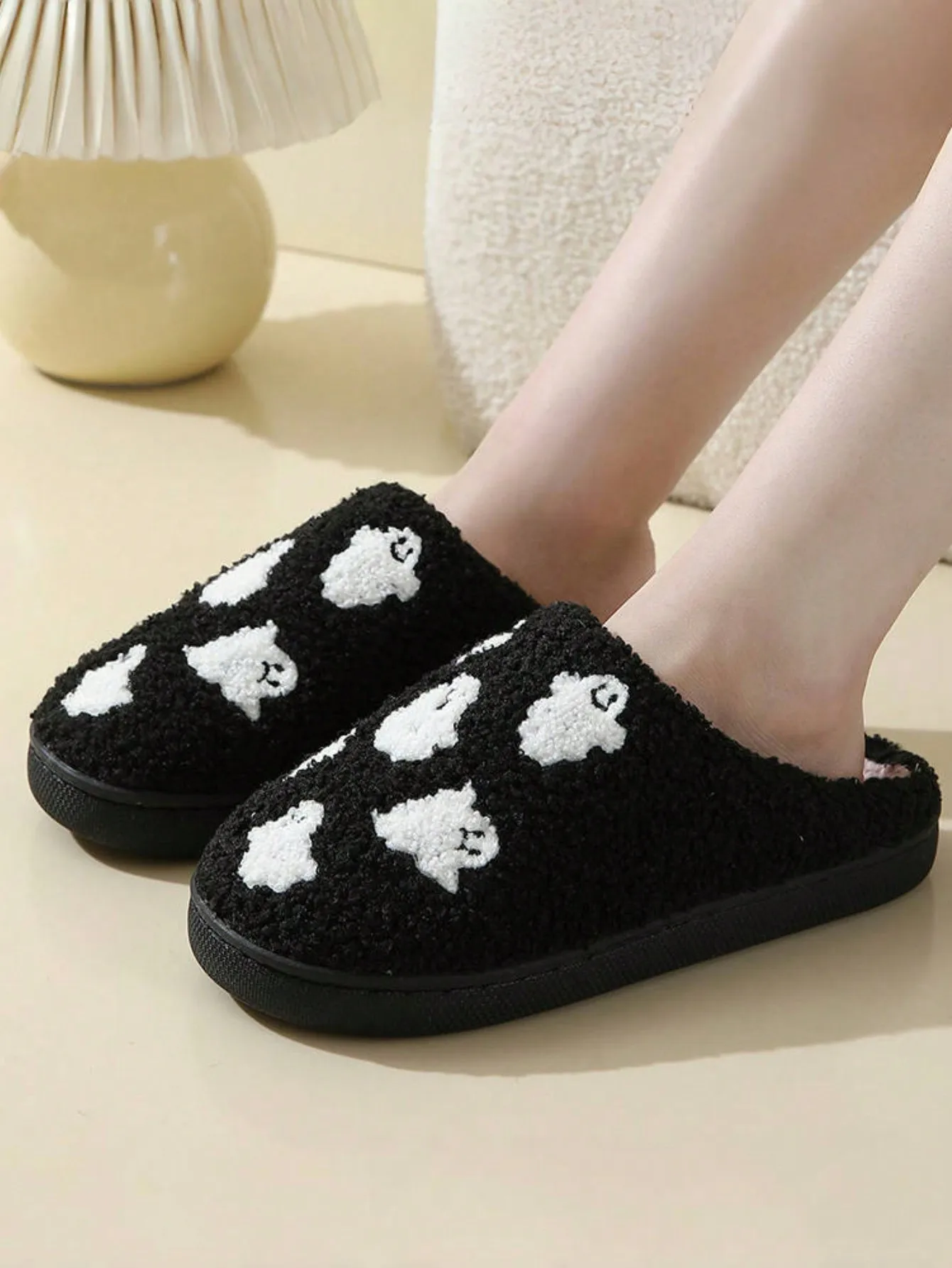 Halloween Ghost-Patterned Warm Indoor Couple Cotton Slippers for Men and Women