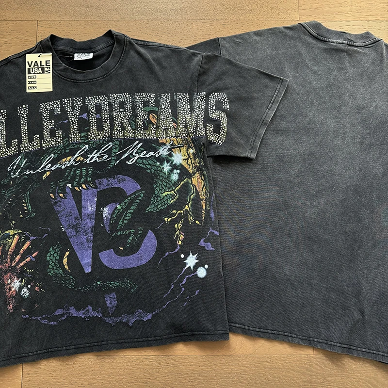 

Европейско-американская высококачественная винтажная футболка Vale Wash Do, старая футболка со стразами и буквенным принтом для мужчин и женщин, свободная повседневная футболка