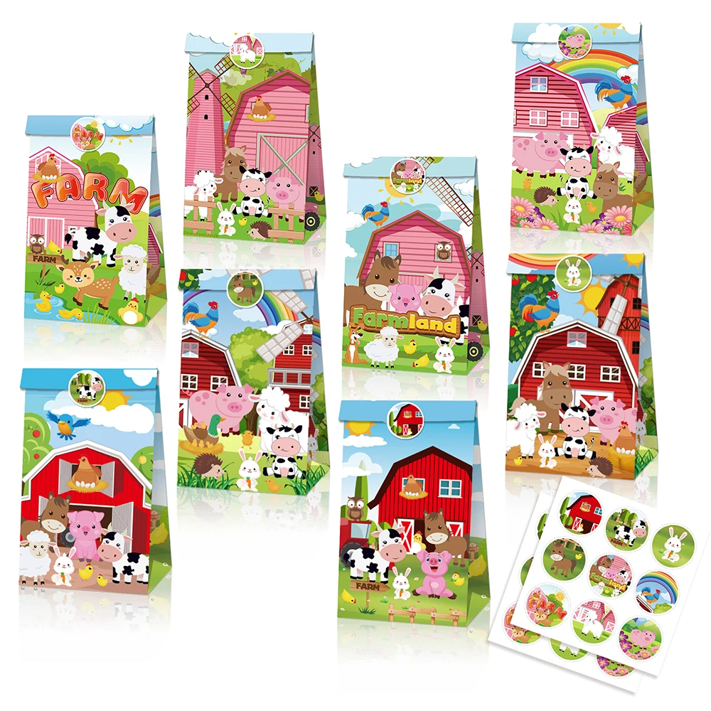 LB165 12pcs Cartoon Farm Animals Pig Cow Rainbow Birthday Party Paper Gift Bags with Stickers Kids Baby Shower Party Kraft Bags