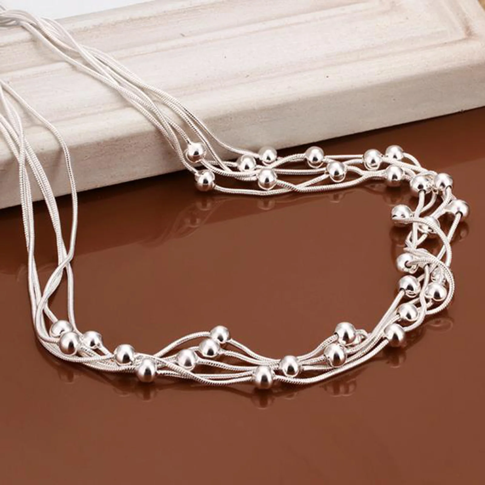 Jewelry 925 Sterling  Five Lines Light Bead Snake Bone Chain Necklace For Women Gift1 x Necklace