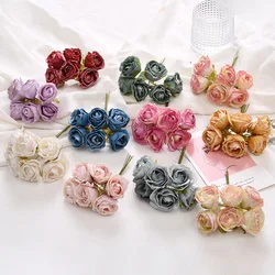 6pcs artificial flower 4cm silk bright pink rose bouquet for wedding home decoration DIY wreath gift box scrapbook fake flower