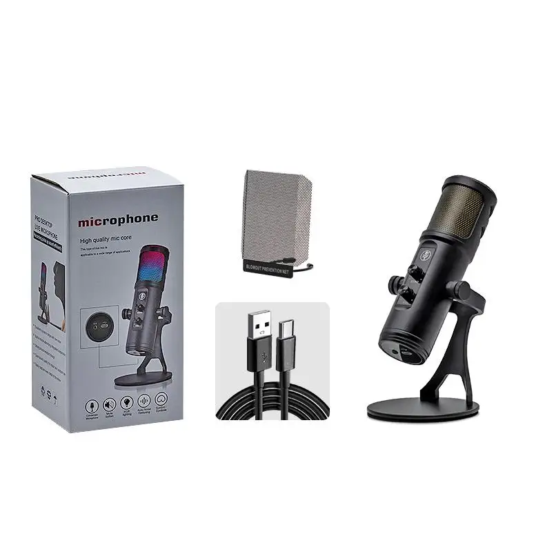 RGB Wired Recording Studio Kit Complete Desktop Studio Podcast Computer Condenser Microphone With Metal Plastic Materials