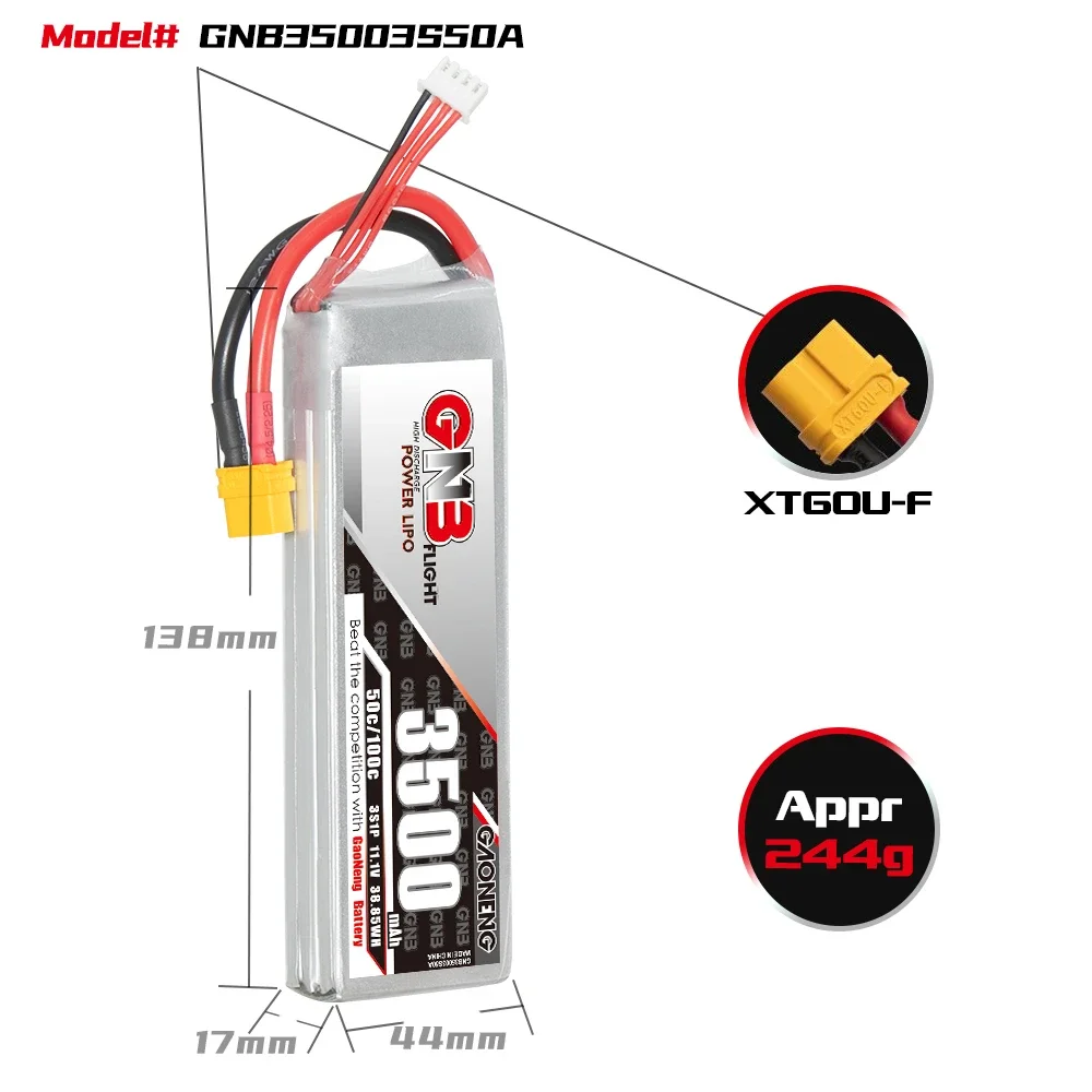 GAONENG GNB 3500mAh 3S 50C 100C 11.1V XT60 LiPo Battery 1/10 Scale RC Hobby Models Electric RC Devices Axial Lock Crawler